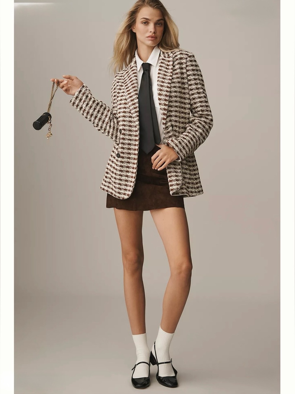 Anthropologie Dolan Left Coast Knit Houndstooth Blazer Jacket in Brown and White - Picture 4 of 6